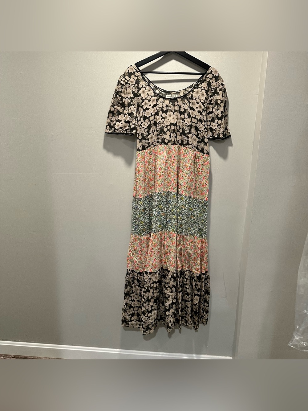 NATURAL LIFE Cotton Black Floral Tiered Maxi Dress w/ Pink & Blue Panels Size M